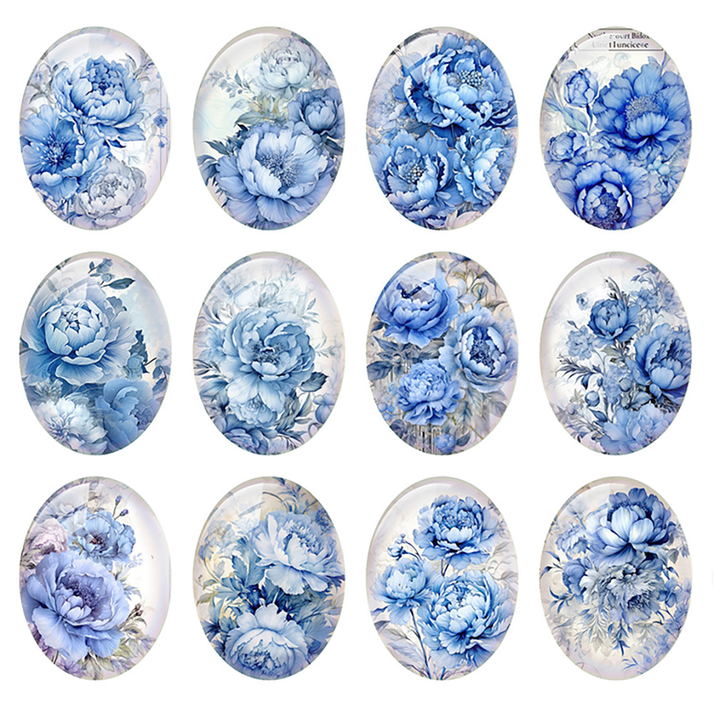 Vase Decor - Kaca Cabochon Foto Bunga Peony Biru