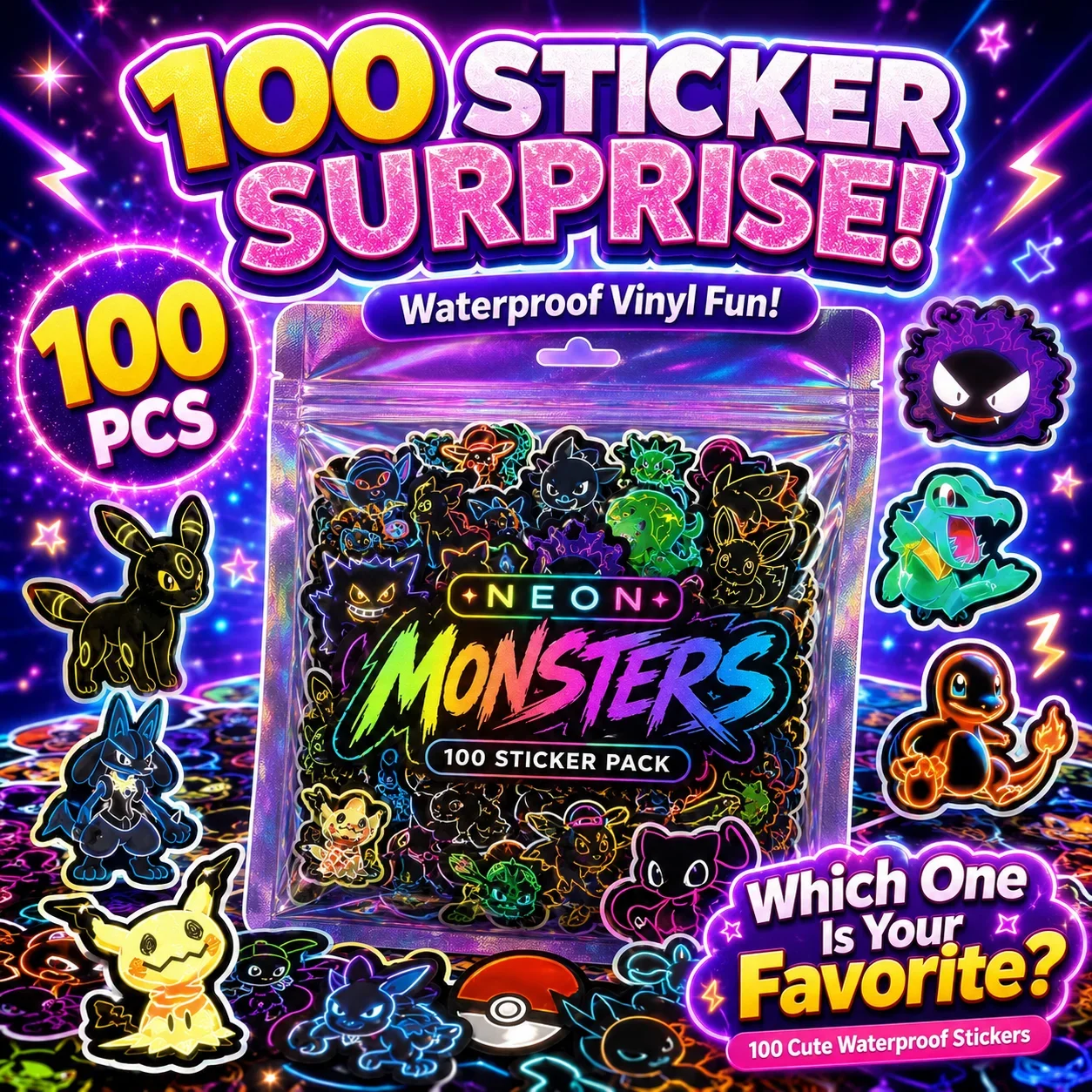 100 buah stiker Pokémon neon,  - Wall Sticker ulasan dan harga
